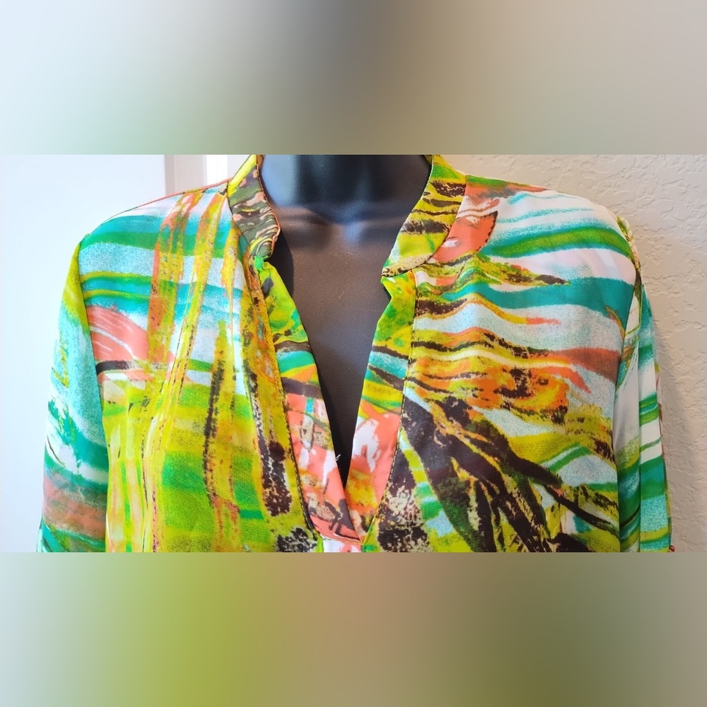Cha Cha Vente Green Multi-Colored Split Neck 3/4 … - image 2